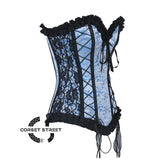 Baby Blue Brocade With Frill And Lace Design Long Overbust Corset